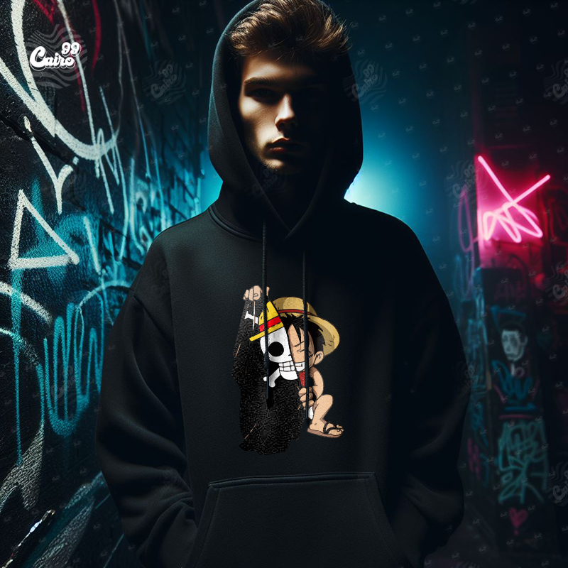 Crazy Luffy هودي اوفر سايز قطن باللون الأسود
