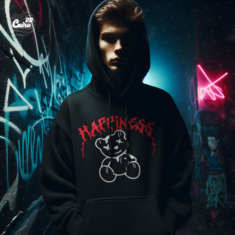 Happiness هودي اوفر سايز قطن باللون الأسود