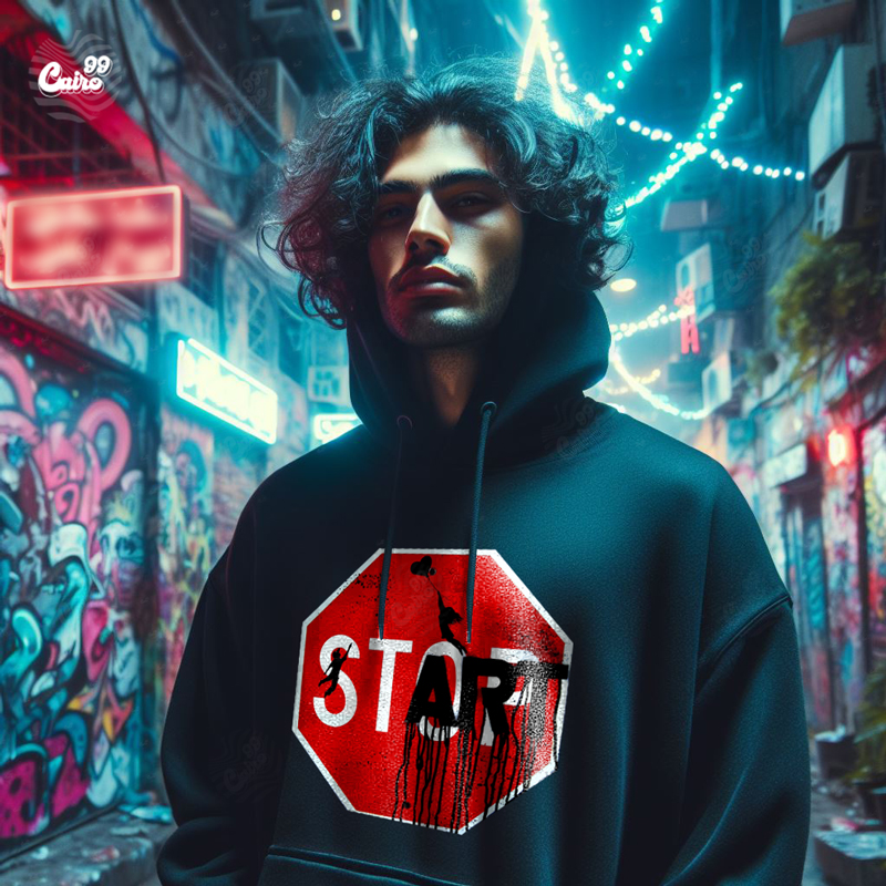 Start هودي اوفر سايز قطن باللون الأسود