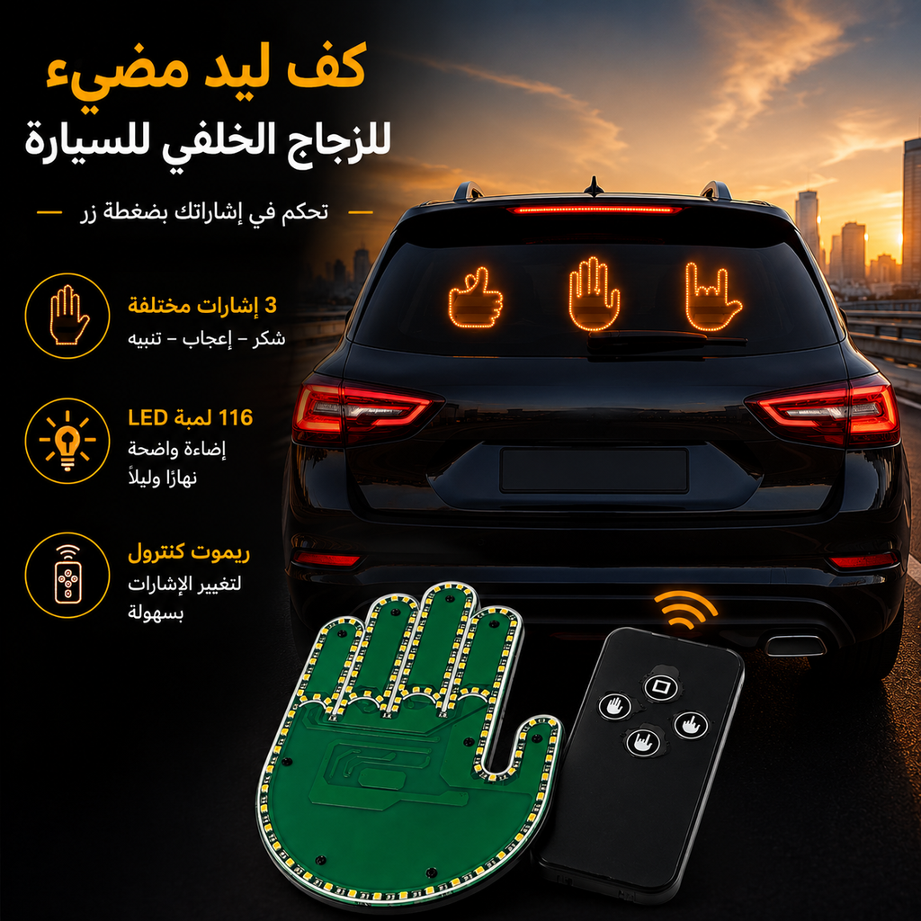كف ليد مضيئ ب 3 اوضاع مختلفة مع ريموت للتحكم عن بعد للزجاج الخلفي  للسيارة