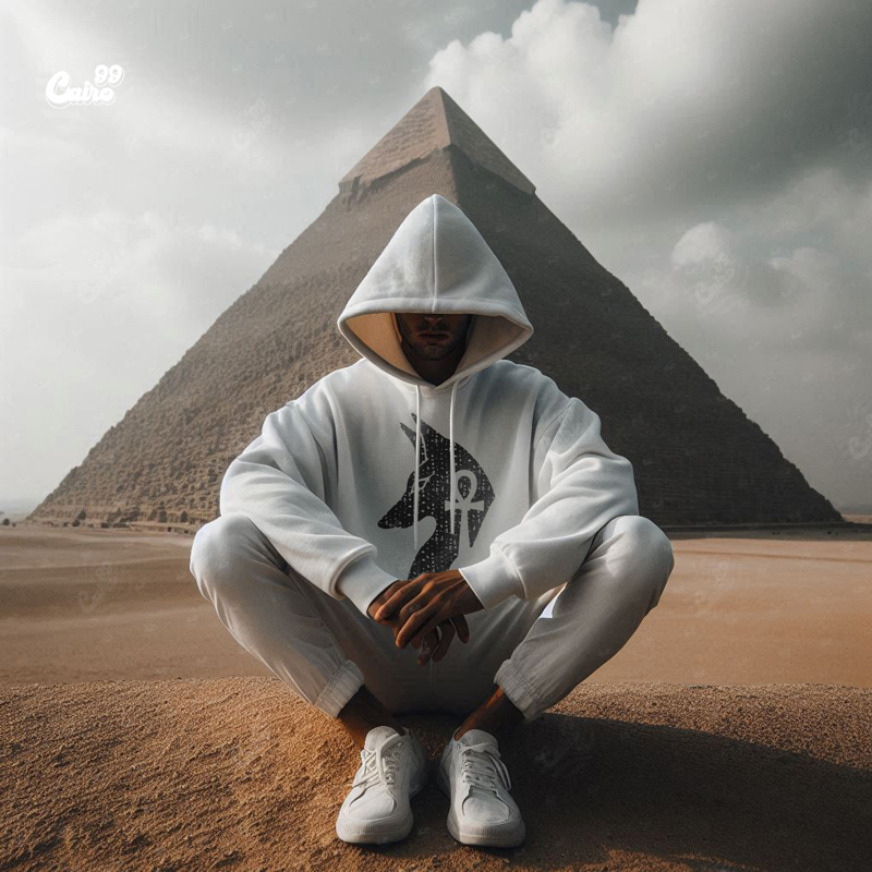 Key Of Life Ankh هودي اوفر سايز قطن للرجال باللون الابيض
