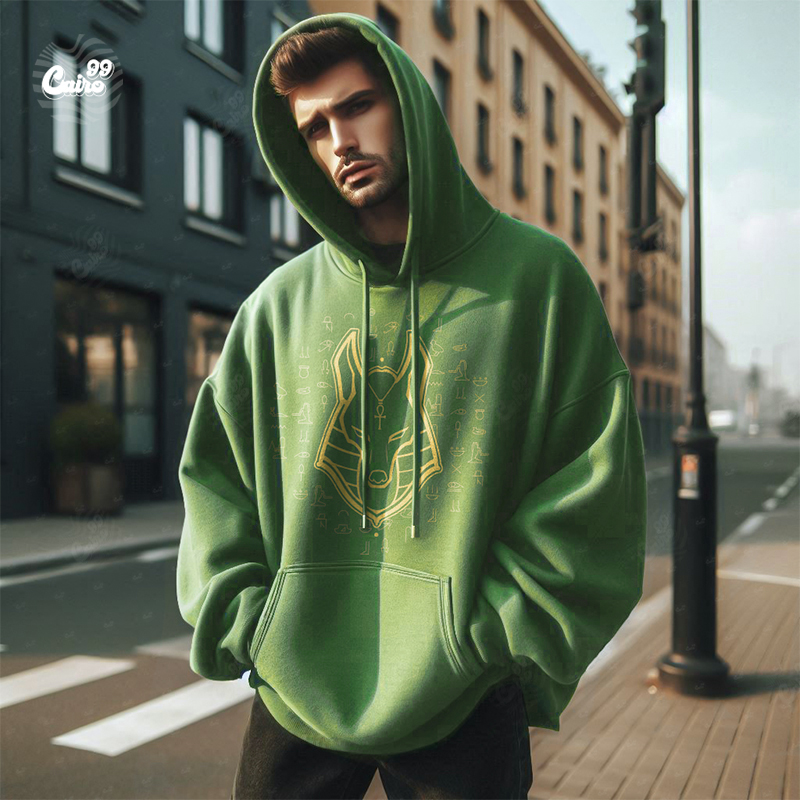 Golden Anubis هودي اوفر سايز قطن باللون الزيتوني