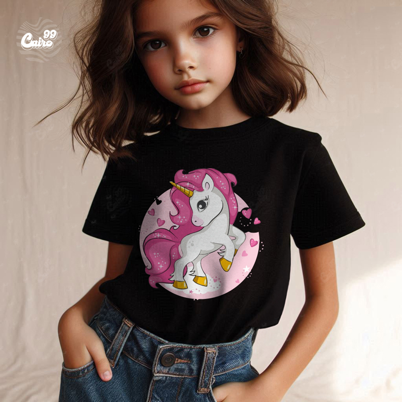 Pink Unicorn تيشيرت اطفال قطن باللون الاسود