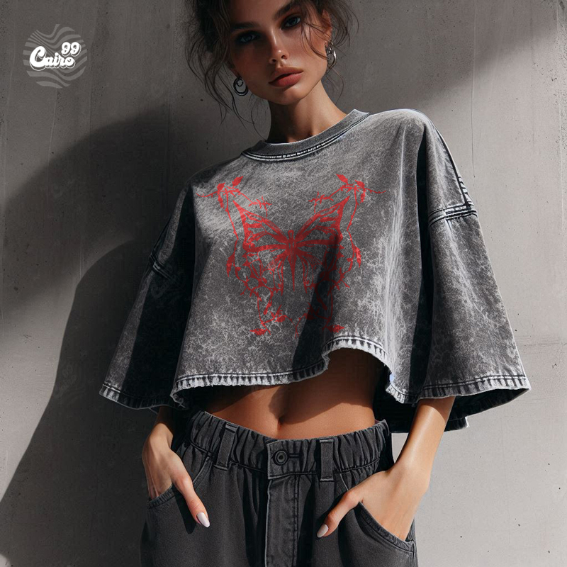 Red Butterfly كروب توب اوفر سايز باللون الرمادي المحجر