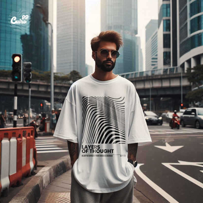 Layers of Thought تيشيرت اوفر سايز قطن باللون الابيض للرجال