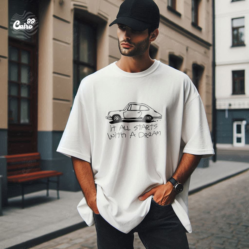 It All Starts With A Dream تيشيرت اوفر سايز قطن باللون الابيض للرجال