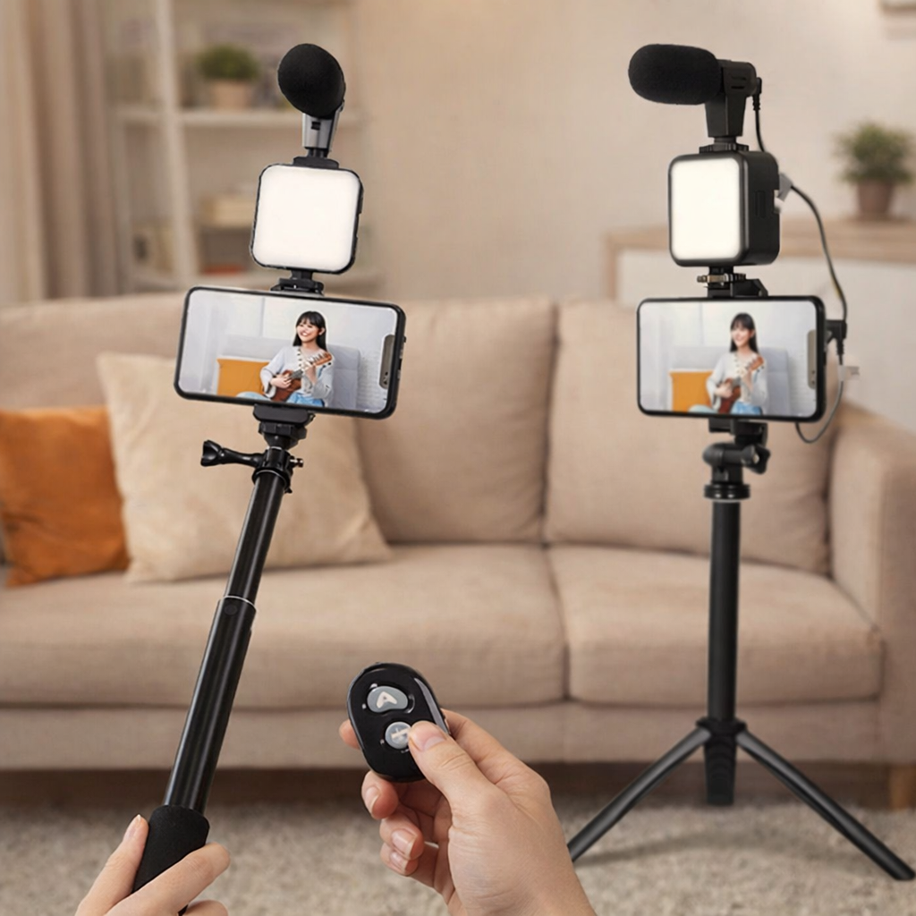 سيلفي ستيك وترايبود باضاءة وميكروفون مع ريموت للتحكم والتصوير عن بعد