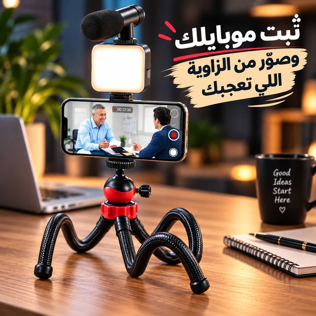 ترايبود بحامل ثلاثي مرن بتصميم اخطبوطي برأس كروية تدور 360 درجة مع مايك وإضاءة للتصوير