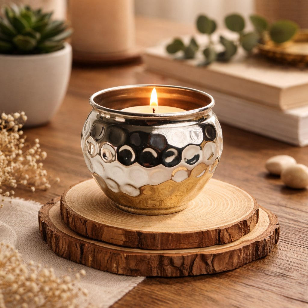 اصيص زرع وحامل شموع نحاس تصميم خليه نحل - باللون الفضي