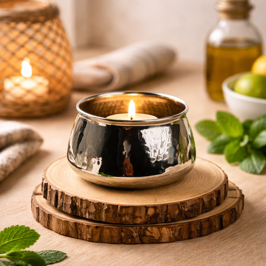 وعاء حامل شموع من النحاس مزخرف للديكور باللون الفضي- 5 * 9 سم