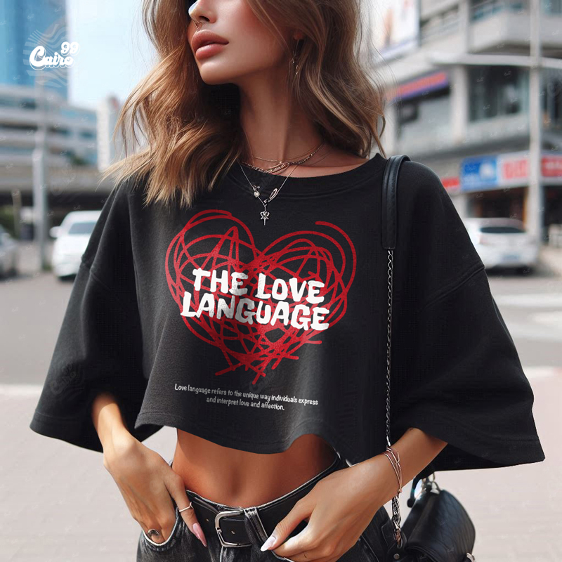 The Love Language كروب توب اوفر سايز قطن باللون الاسود