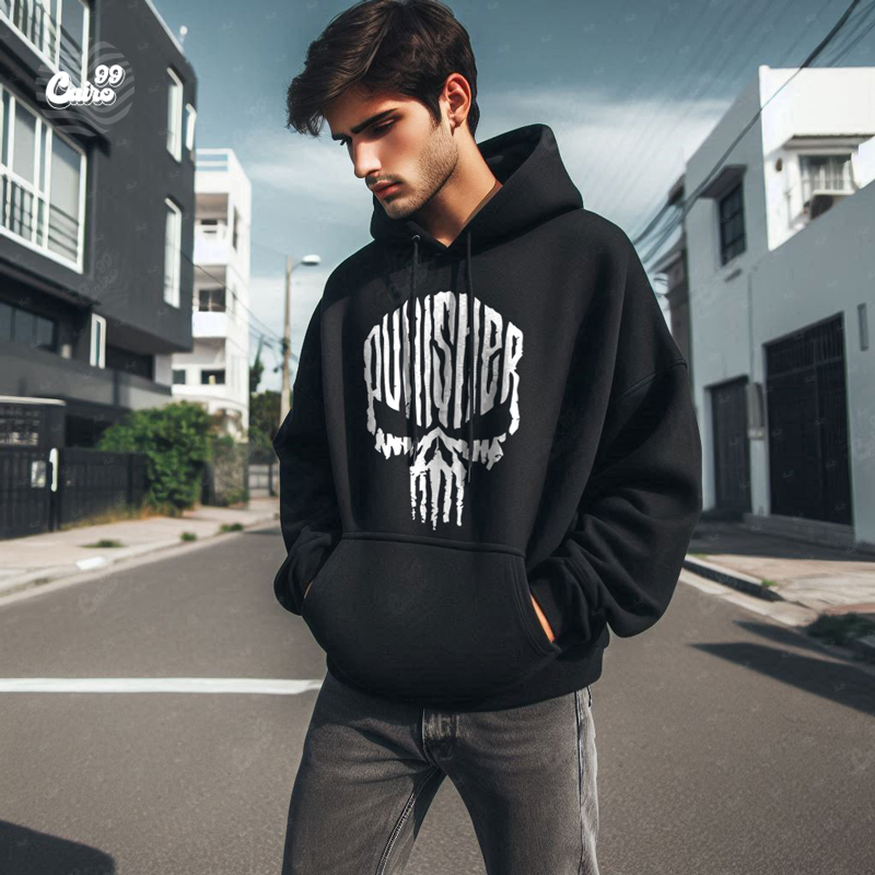 Punsher هودي اوفر سايز قطن باللون الأسود