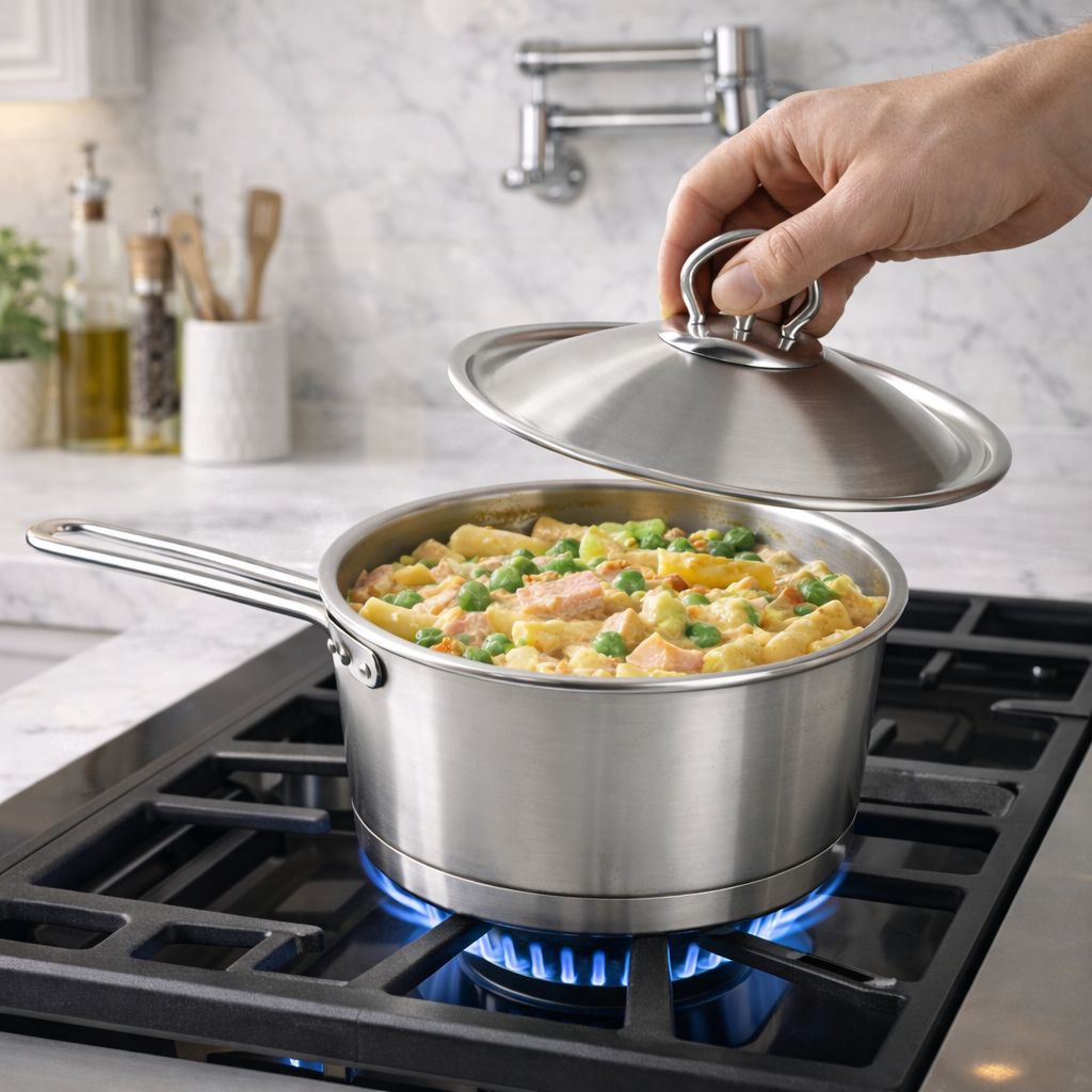 كسرولة استانلس ستيل تركي بغطاء ويد لسهولة الحمل مقاس 18سم