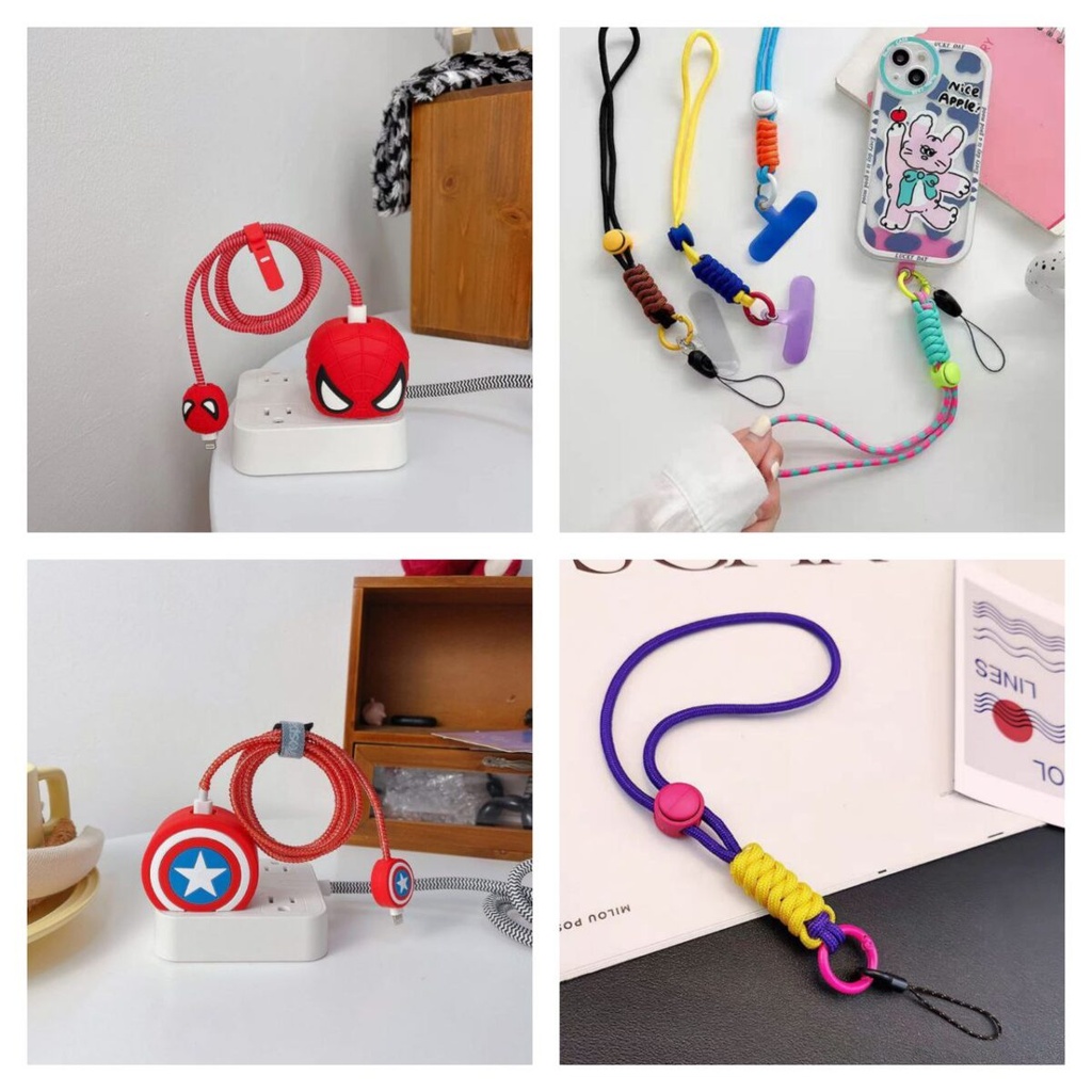 طقم ميدالية تعليق للموبايل + كفر لحماية الاشحن بأشكال كرتونية مجسمة