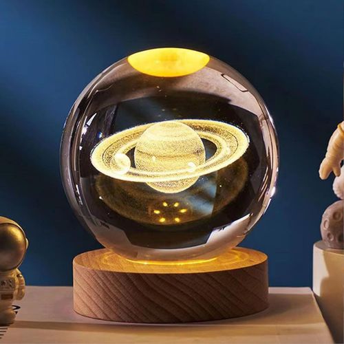 بلورة كريستال ثلاثية الابعاد بتصميم كوكب زحل  بقاعدة خشبية قابلة للفصل
