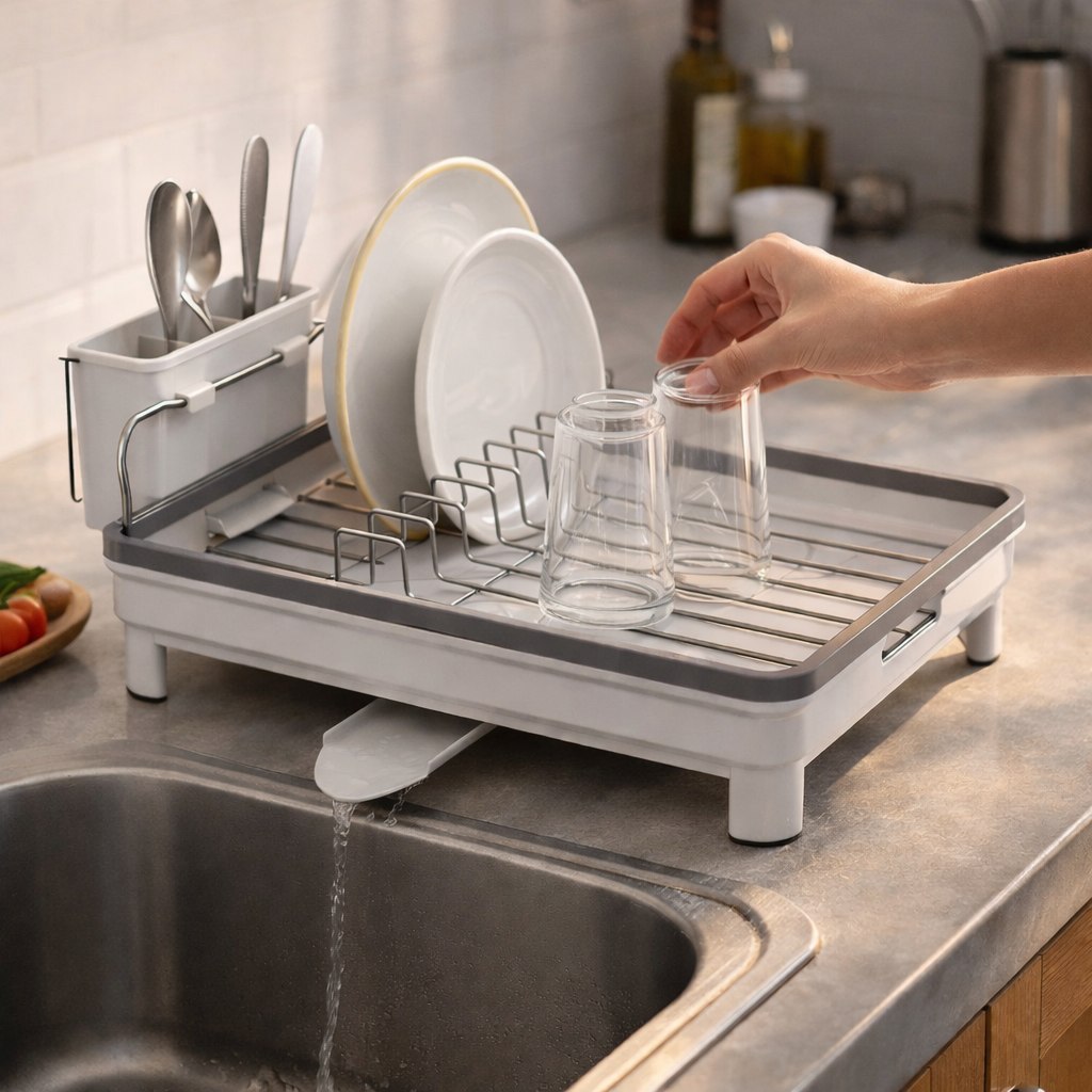 صفاية مواعين لحمل وتجفيف الأطباق والأكواب مزودة بحامل للشوك والمعالق وفتحة لتصريف المياه