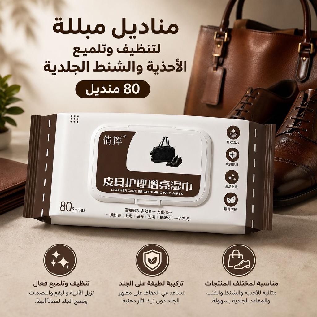 باكت مناديل مبللة لتنظيف وتلميع الأحذية والشنط الجلدية 80 منديل