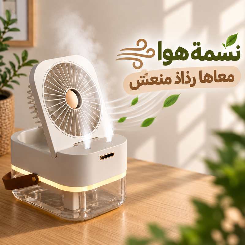 مروحة ومبرد للهواء محمولة بخزان للثلج مع رذاذ مزدوج وإضاءة ليد للمكتب قابلة لإعادة الشحن