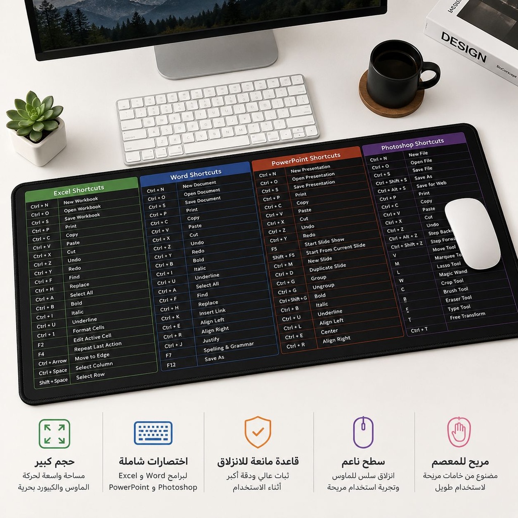 ماوس باد بتصميم اختصارات الكيبورد للكمبيوتر واللابتوب بقاعدة مانعة للانزلاق