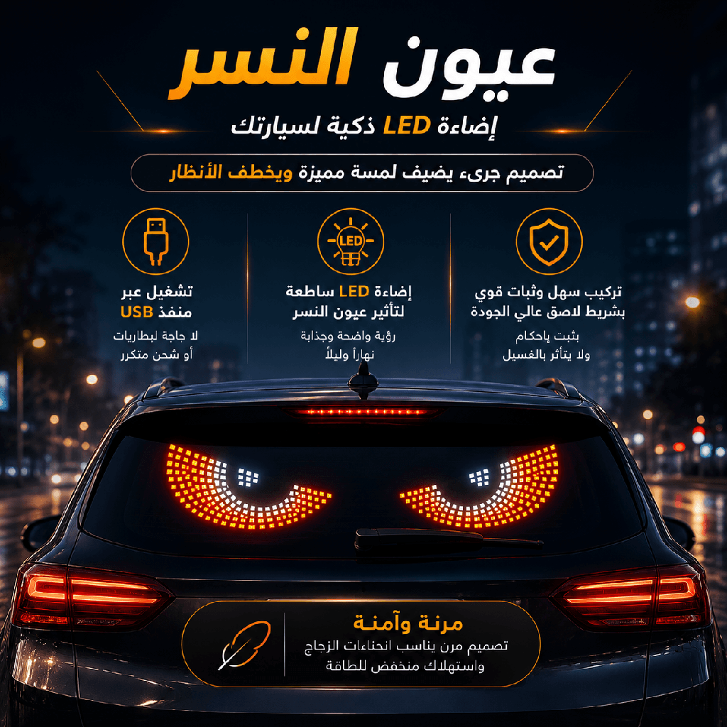 شاشة ليد منفصلة مرنة لتزيين الزجاج الخلفي للسيارة بتصميم عيون النسر بمنفذ يو اس بي