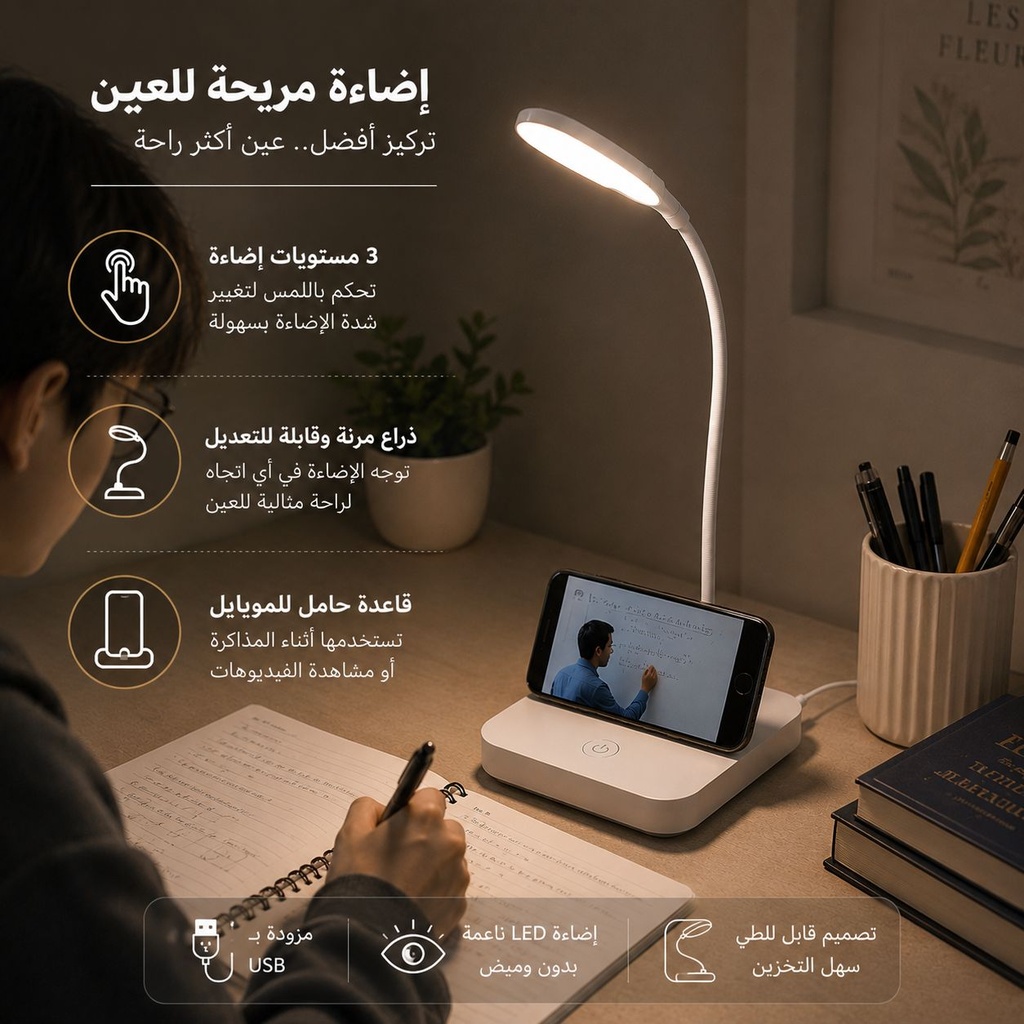 اباجورة مكتب تاتش مع ذراع مرن قابل للطي بـ3 مستويات إضاءة