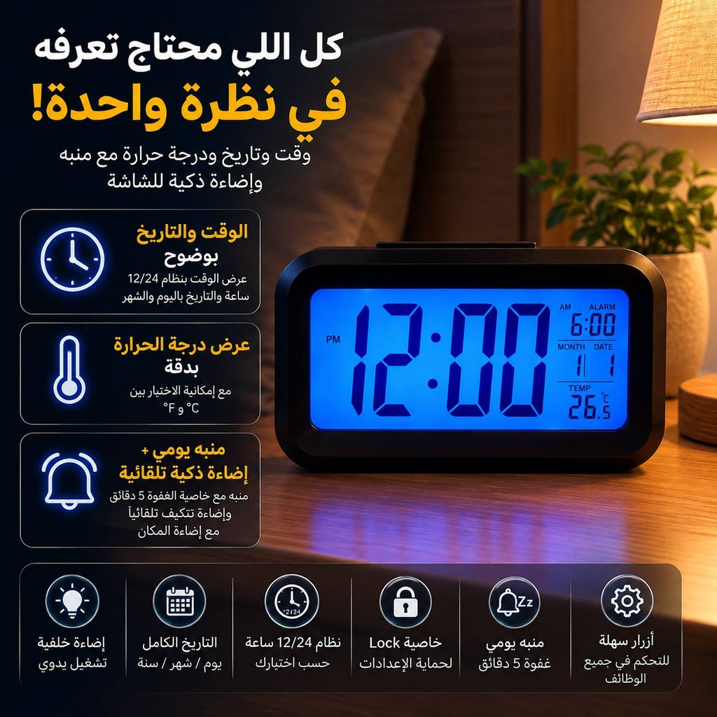 ساعة ومنبه بشاشة رقمية لعرض التاريخ ودرجة الحرارة مع إضاءة تلقائية