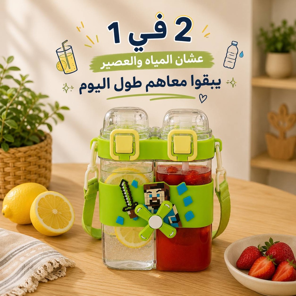 زمزمية أطفال 2 في 1 للمياه والعصير بخانتين وطريقتين للشرب مع حزام كروس سعة 750 مل