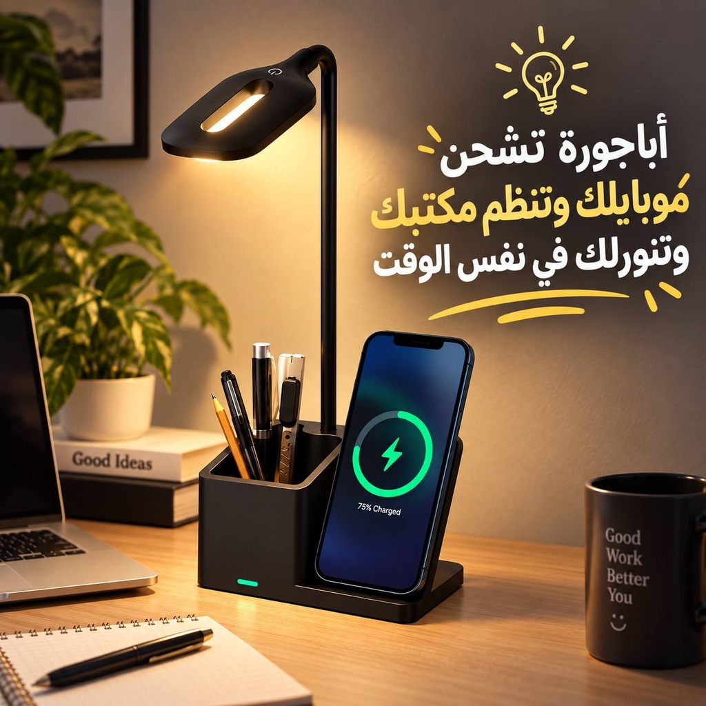 أباجورة مكتب LED 4 في 1 بشاحن لاسلكي وحامل موبايل وأقلام مع 3 درجات إضاءة