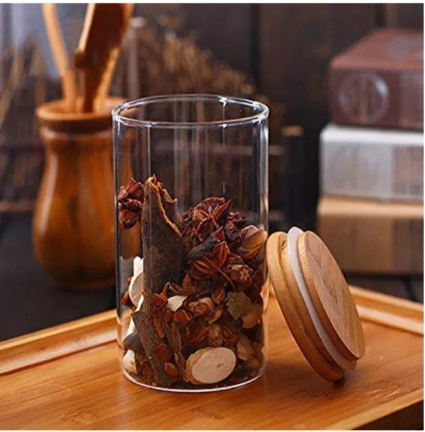 علبة دائرية من الاكليريك بغطاء خشبي لحفظ وتنظيم الحبوب والبقوليات الشفاف 1.5 لتر