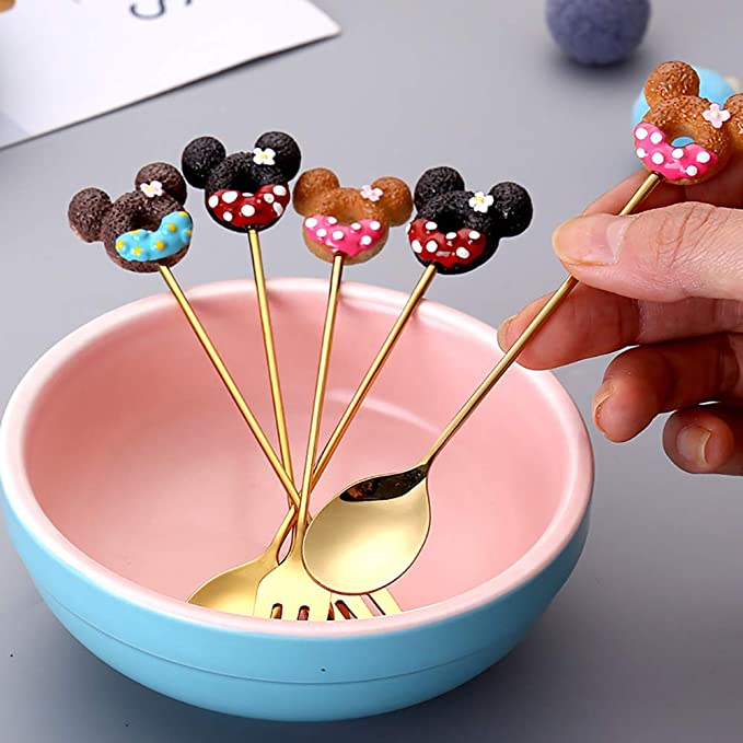 طقم معالق وشوك للأطفال ميكي ماوس 4 قطع استانليس مطلي باللون الذهبي