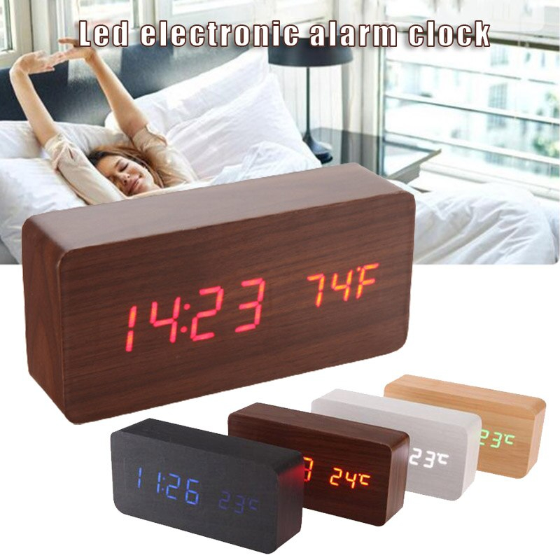 Wooden Digital Led Screen Voice Control Alarm Clock With Date and Temperature 