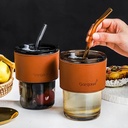 Elegant Glass Cup Leather Sleeve Straw with Sealed Lid 450 ml