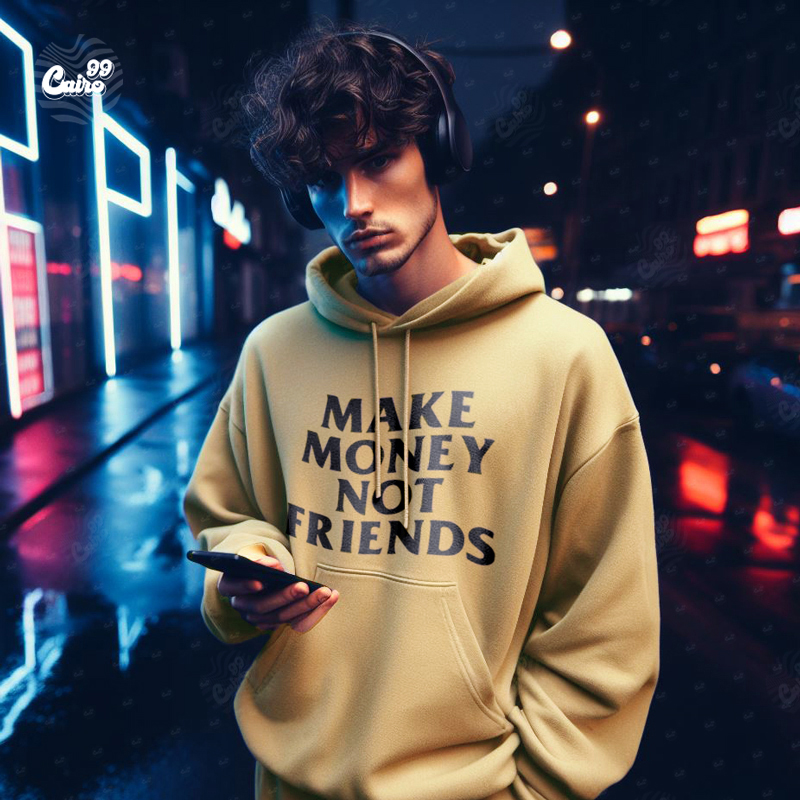 Make Money Not Friends هودي اوفر سايز قطن باللون البيج  