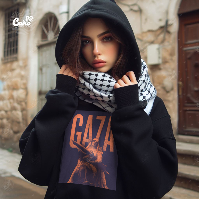 GAZA هودي اوفر سايز قطن باللون الأسود