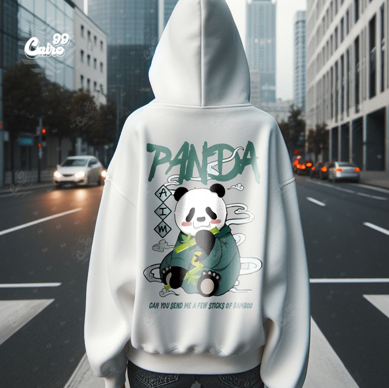 Panda هودي اوفر سايز قطن باللون الأبيض