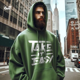 Take It Easy هودي اوفر سايز قطن للرجال باللون الزيتوني