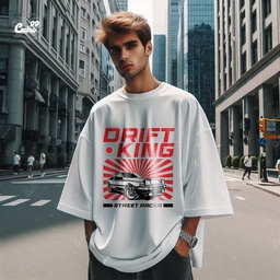 Drift King تيشيرت اوفر سايز قطن باللون الابيض للرجال