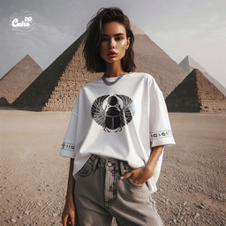 Egyptian scarab beetle تيشيرت اوفر سايز قطن باللون الابيض للنساء