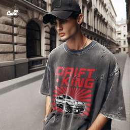 Drift King تيشيرت اوفر سايز قطن باللون الرمادي للرجال