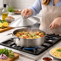 [HH00018842] طاسة استانلس ستيل تركي بغطاء ومقبض يد لسهولة الحمل مقاس 24سم 2.80 لتر