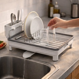 [HH00019889] صفاية مواعين لحمل وتجفيف الأطباق والأكواب مزودة بحامل للشوك والمعالق وفتحة لتصريف المياه