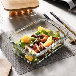 [HH00004911] علبة ثلاجة من الزجاج لحفظ الطعام مع غطاء خشبي