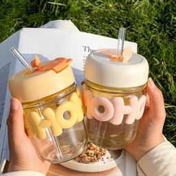 [HH00006288] Cute glass double drinking cup with Lid &amp; Straw &amp;  for Water &amp; Juice 400 ml