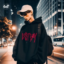 Lost Boy هودي اوفر سايز قطن باللون الأسود