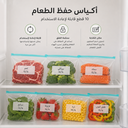 [HH00008652] مجموعة أكياس 10 قطع لحفظ وتخزين طعام محكمة الغلق للثلاجة والفريزر قابلة لإعادة الأستخدام