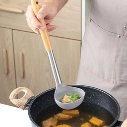 [HH00008877] مغرفة سيليكون بيد خشب طويلة للخضار والشوربة والأرز بفتحه للتعليق في المطبخ