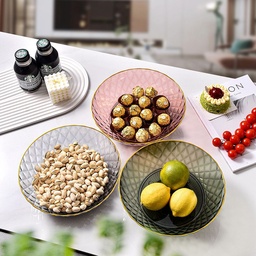 طبق اكليريك بحواف ذهبي وقاعدة دواره لحمل وتقديم الفواكه والمكسرات والشوكولاتة بشكل شيك