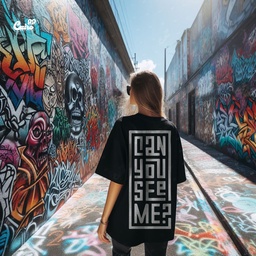 Can you see me تيشيرت اوفر سايز قطن باللون الاسود للنساء