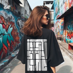 Just Stay Home تيشيرت اوفر سايز قطن باللون الاسود للنساء