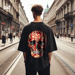 Rose Tattoo Skull تيشيرت اوفر سايز قطن باللون الاسود للرجال